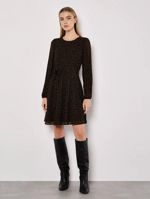 Apricot Pleated Sleeve Polkadot Dress Black