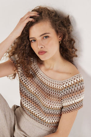 Apricot Hand Knitted Crochet Stripes Top Coral