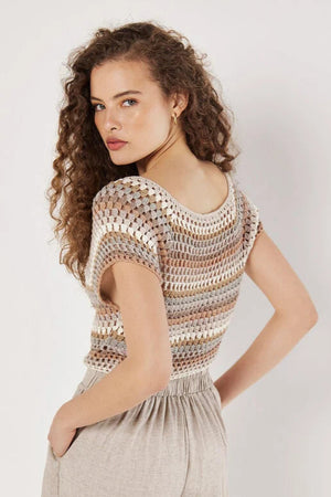 Apricot Hand Knitted Crochet Stripes Top Coral