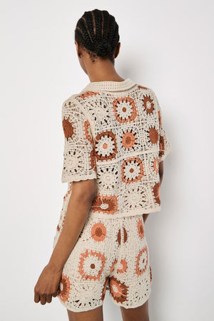 Apricot Crochet Squares Collar Button Thru Top Stone