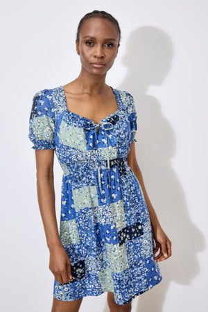 Apricot Ditsy Patchwork Sweetheart Mini Milkmaid Dress Blue/Mint