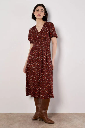Apricot Ditsy Smocked Waist Tea Dress Burgundy