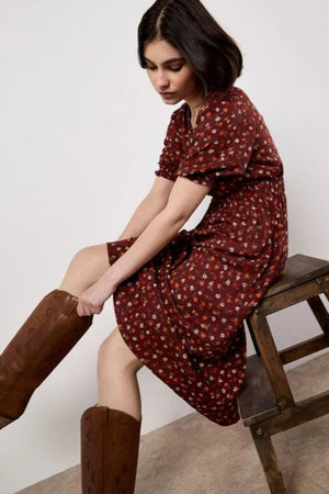 Apricot Ditsy Smocked Waist Tea Dress Burgundy