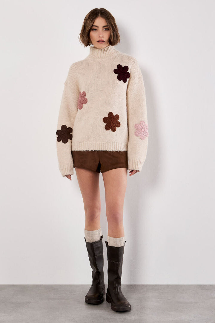 Apricot Embroidered Flower Mockneck Sweater Stone