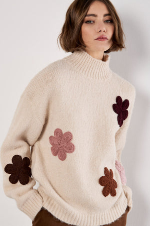 Apricot Embroidered Flower Mockneck Sweater Stone