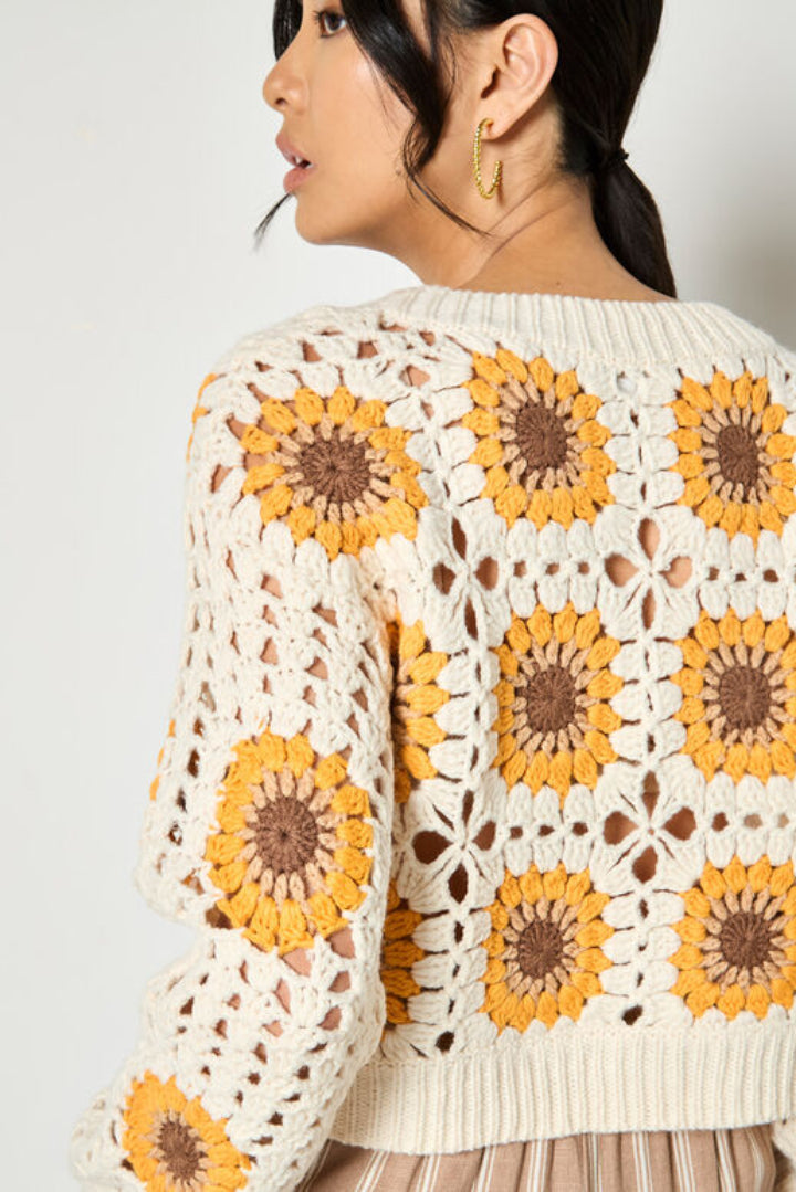 Apricot Sunflower Hand Knit Button Cardi Stone