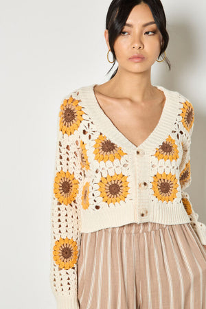 Apricot Sunflower Hand Knit Button Cardi Stone