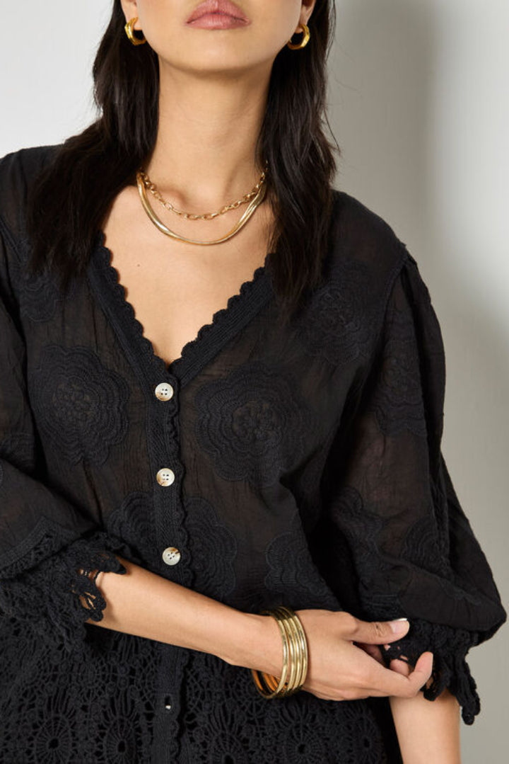 Apricot Embroidered Daisies Lace Hem Top Black