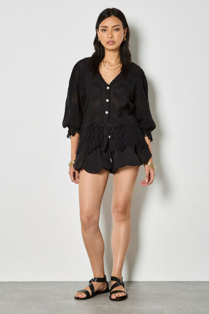 Apricot Embroidered Daisies Lace Hem Top Black