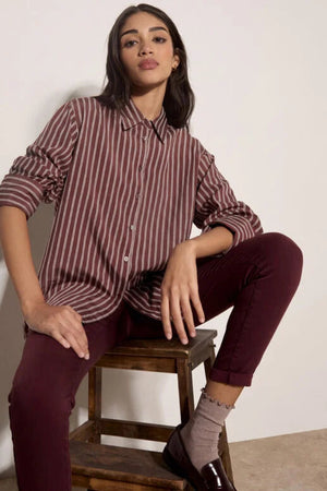Apricot Pinstripe Oversized Pocket Shirt Burgundy