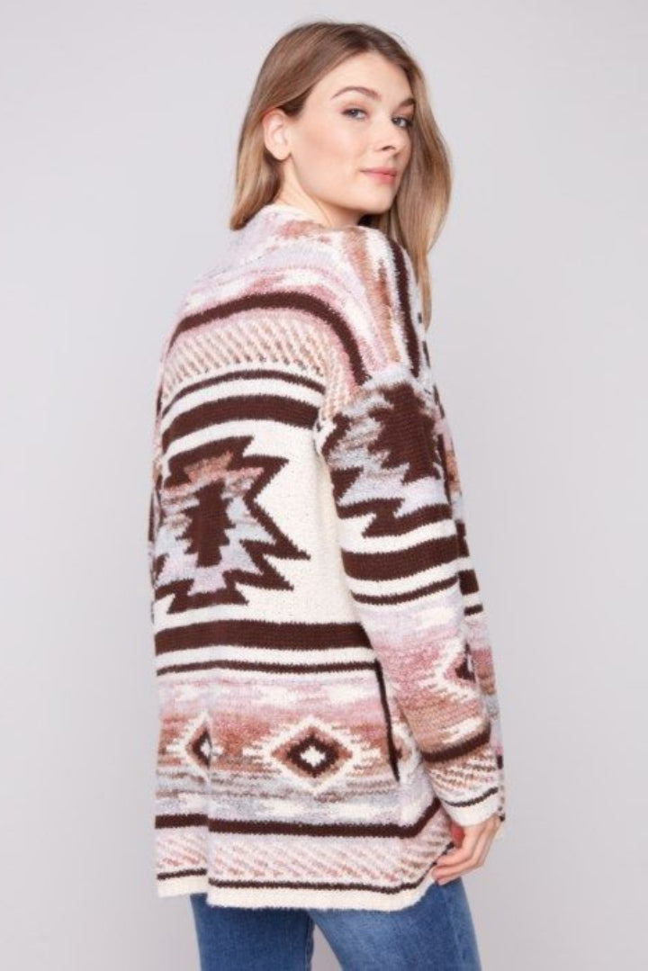 Charlie B Long Jacquard Cardigan Patch Pockets Rosewood