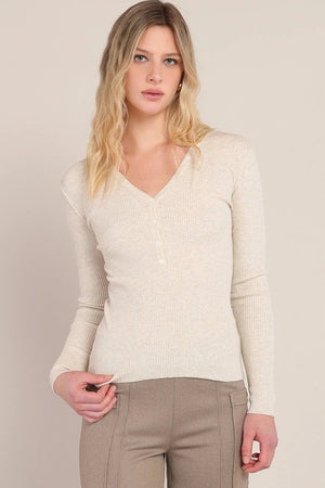 Room 34 Ribbed Sweater Top Cream Heather