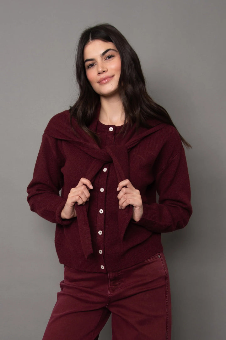 RD Style Pasha Long Sleeve Crew Neck Cardi w Scarf Maroon