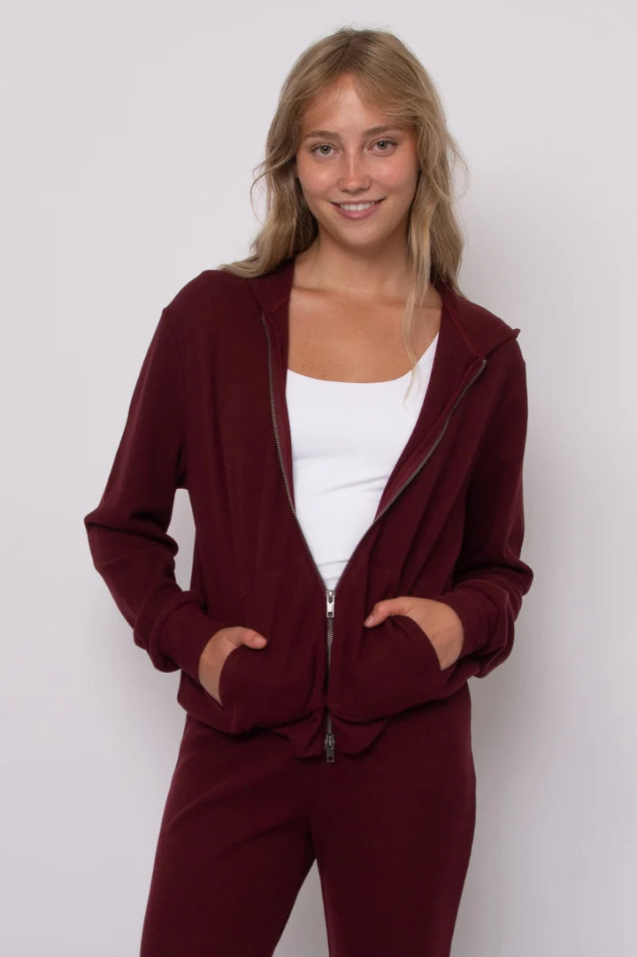 RD Style Hesta Cozy Waffle LS Zip Up Hoodie Deep Burgundy