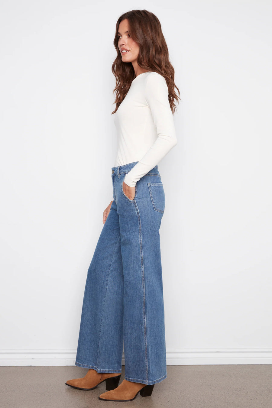 Charlie B Wide Leg Stretch Denim Slash Pockets Classic Blue