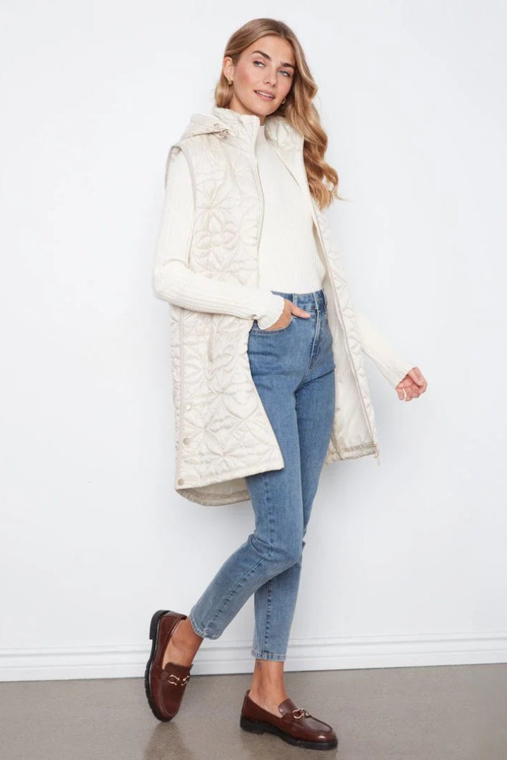Charlie B Sleeveless Long Puffer Vest Pearl