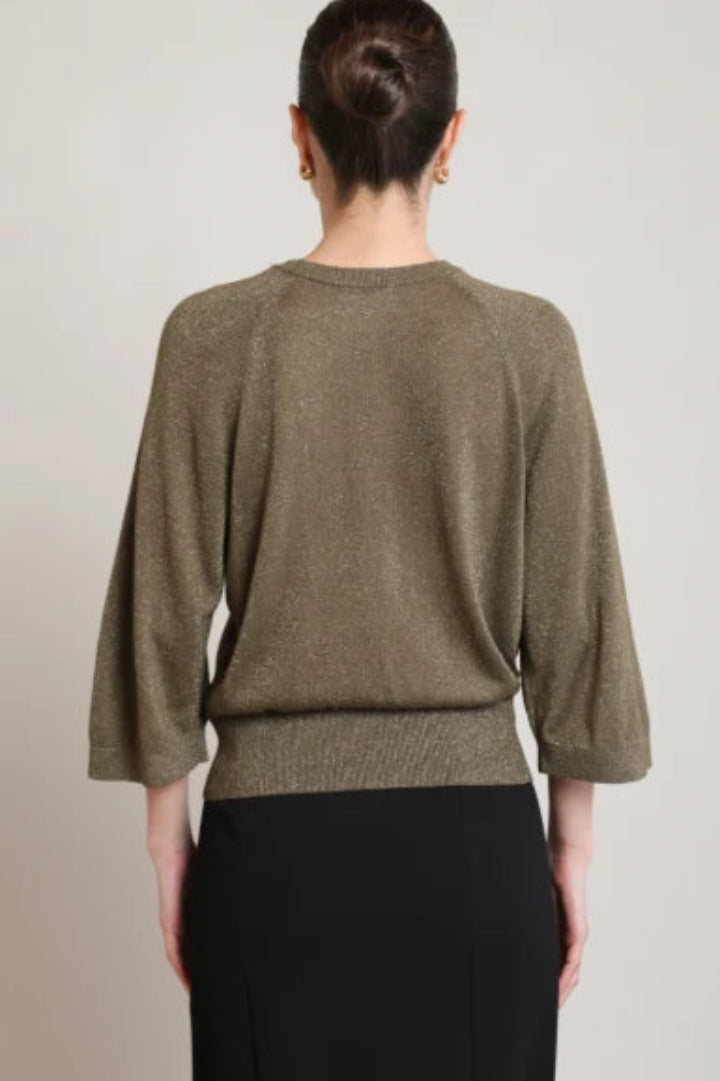 Black Tape Glitter Knit Top Dark Khaki Green