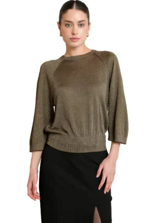 Black Tape Glitter Knit Top Dark Khaki Green