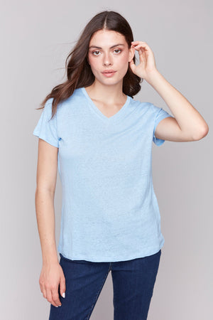 Charlie B Short Sleeve V Neck Linen T Shirt Bluebell