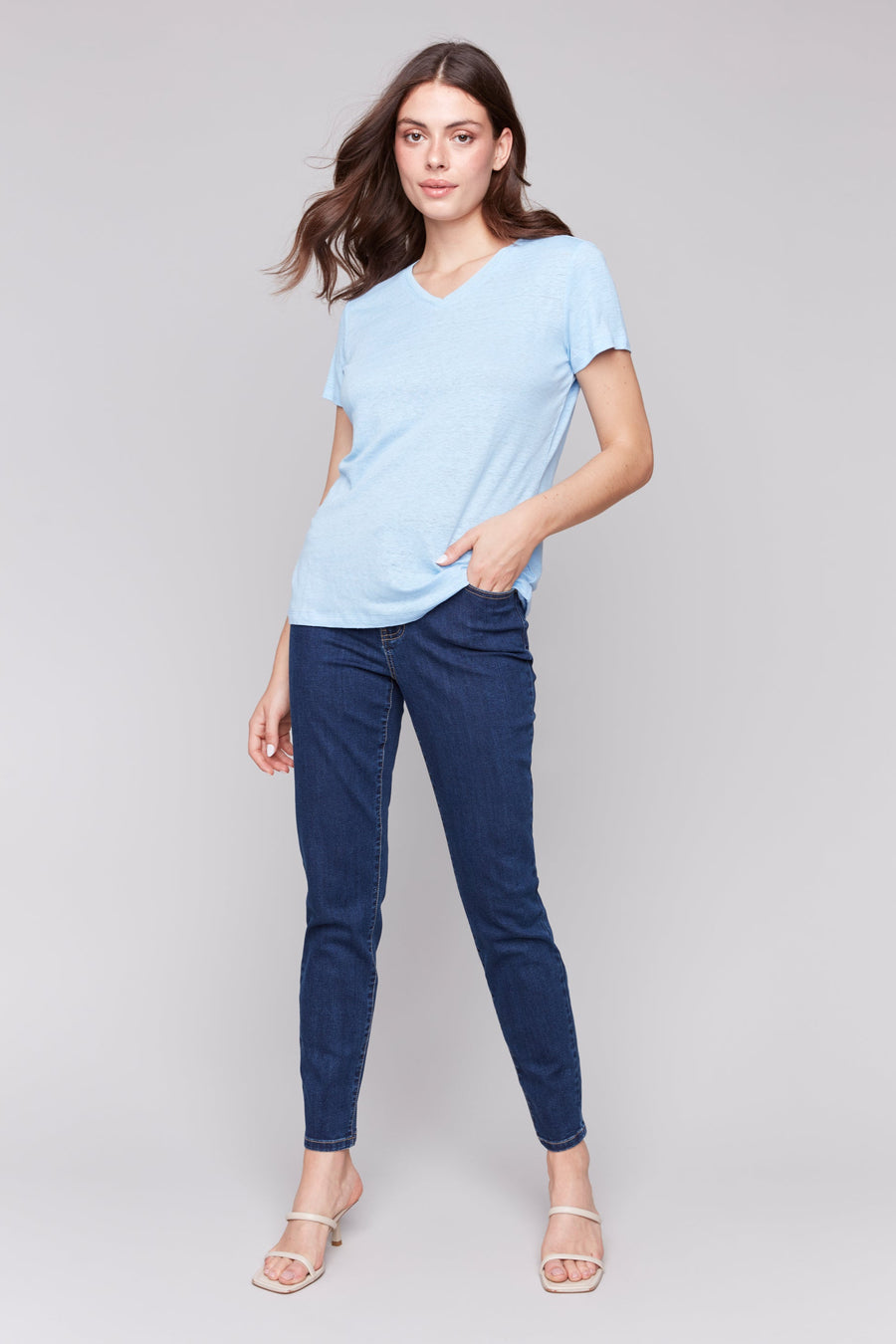 Charlie B Short Sleeve V Neck Linen T Shirt Bluebell