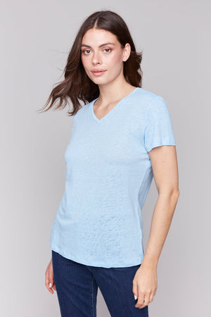 Charlie B Short Sleeve V Neck Linen T Shirt Bluebell