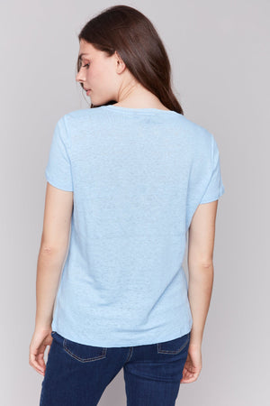 Charlie B Short Sleeve V Neck Linen T Shirt Bluebell