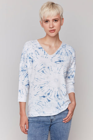 Charlie B Printed Long Sleeve V Neck Top Denim