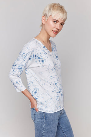 Charlie B Printed Long Sleeve V Neck Top Denim