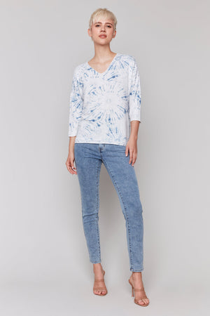 Charlie B Printed Long Sleeve V Neck Top Denim