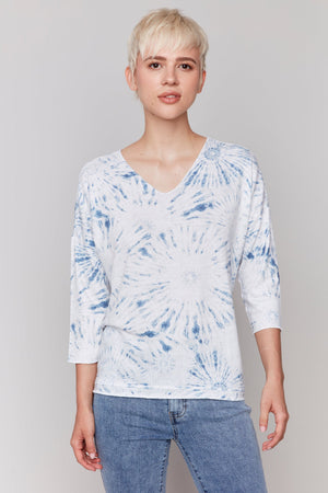 Charlie B Printed Long Sleeve V Neck Top Denim