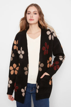 Charlie B Flower Boucle Long Sleeve Cardigan Black