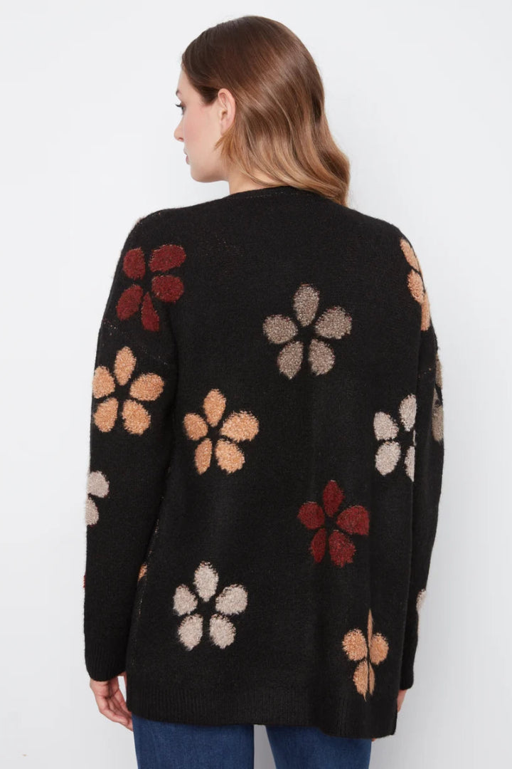 Charlie B Flower Boucle Long Sleeve Cardigan Black