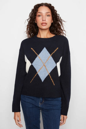 Charlie B Long Sleeve Drop Shoulder Sweater Argyle Jacquard Navy