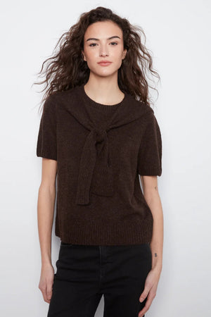 Charlie B Short Sleeve Crew Neck Sweater Combined Sleeves Detail Coffee