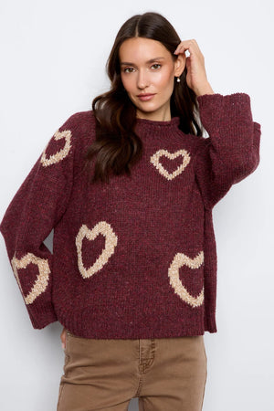 Charlie B High Neck Knit Sweater Merlot Hearts