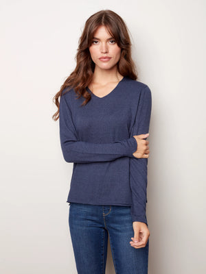 Charlie B V-Neck Long Sleeve Plushy Sweater Navy