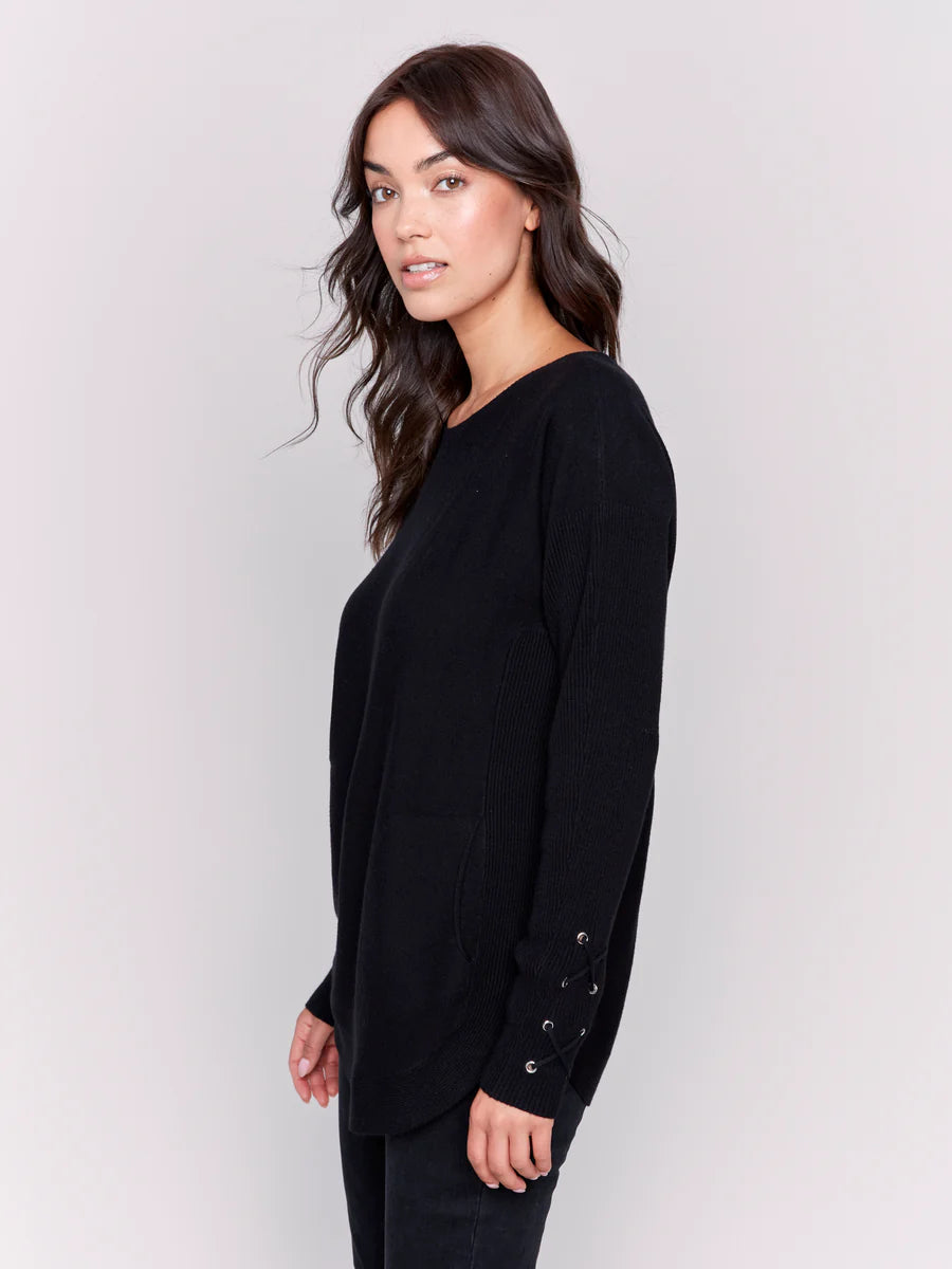 Charlie B Round Hem Sweater W/ Front Pockets and Sleeve Lacing Black