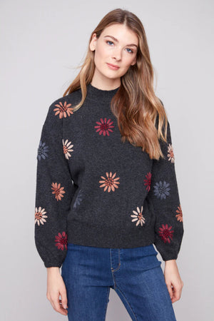Charlie B Mock Neck Sweater Embroidery Charcoal