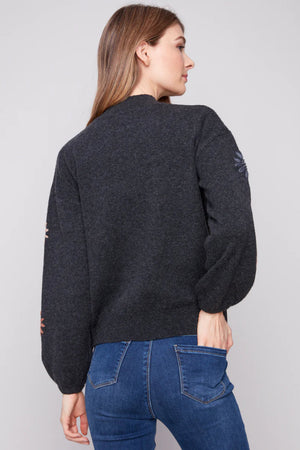 Charlie B Mock Neck Sweater Embroidery Charcoal