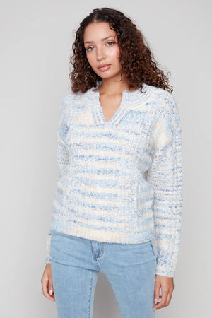 Charlie B Notch Neck Flex Yarn Sweater Denim