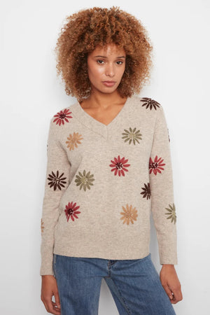 Charlie B Floral Embroidered V Neck Sweater Natural