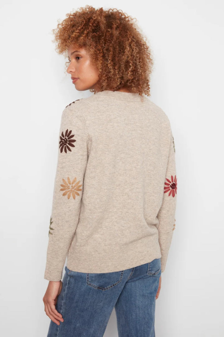 Charlie B Floral Embroidered V Neck Sweater Natural