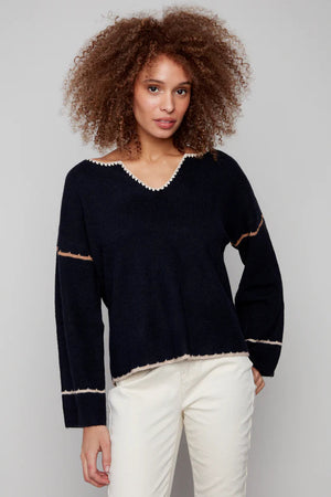 Charlie B Ribbed V Neck Notched Soutache Sweater Navy