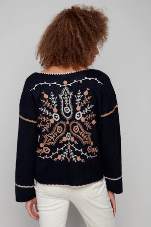 Charlie B Ribbed V Neck Notched Soutache Sweater Navy