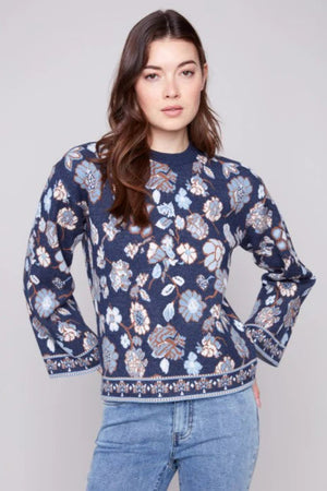 Charlie B Long Sleeve Crew Neck Jacquard Sweater Floral