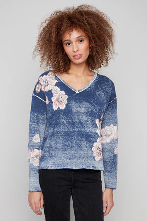 Charlie B Reversible Sweater Floral Placement Print V Neck Sweater Denim