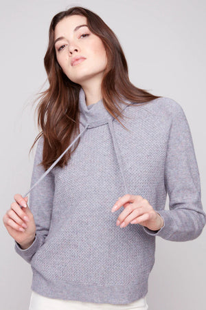 Charlie B Textured Raglan Small Cowl Neck Knit Sweater Grey