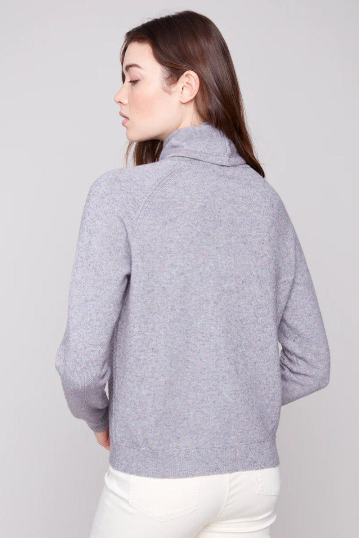 Charlie B Textured Raglan Small Cowl Neck Knit Sweater Grey