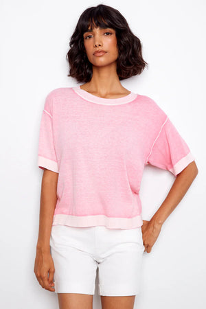 Charlie B Reverse Print Short Sleeve Crew Neck Sweater Candy
