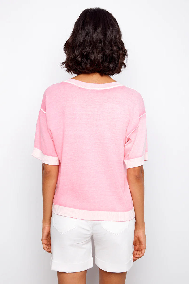 Charlie B Reverse Print Short Sleeve Crew Neck Sweater Candy